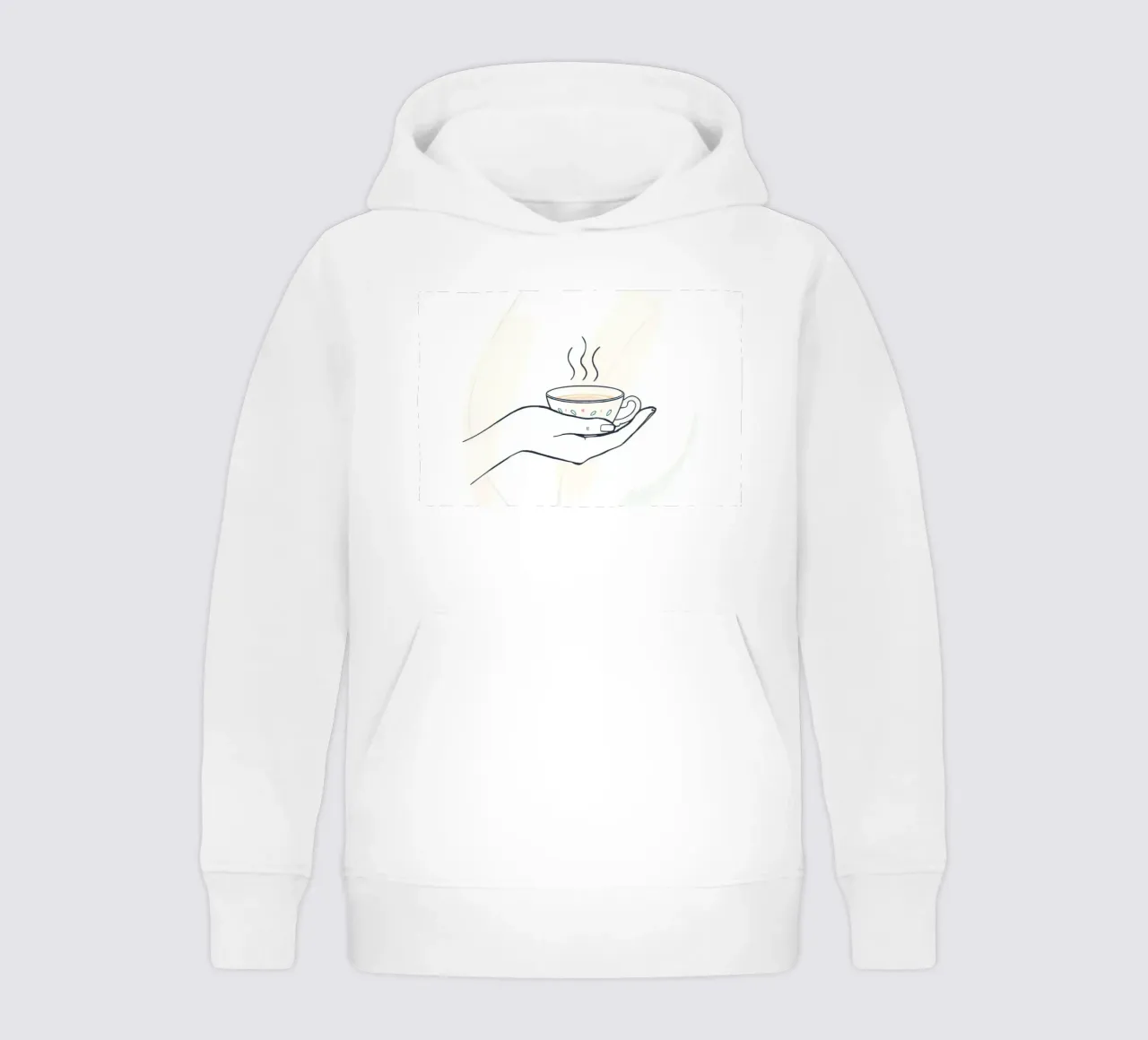 Mano che tiene una tazza di tè fumante su uno sfondo morbido felpa bambino con cappuccio da DesignDoodle