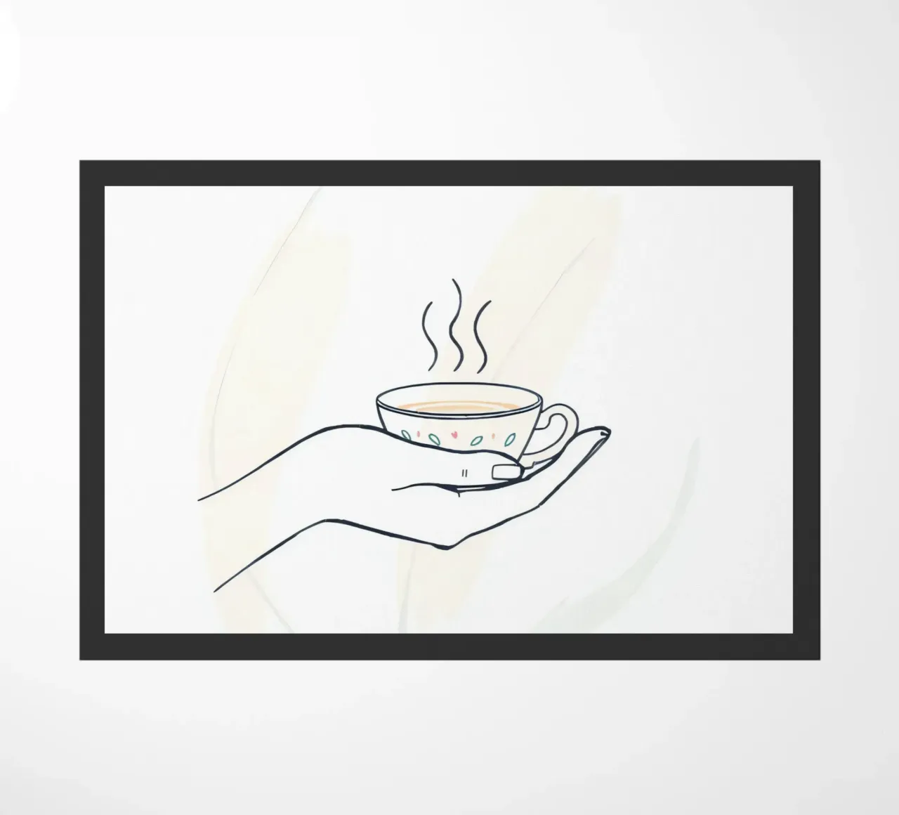 Eine Hand hält eine dampfende Tasse Tee vor einem weichen Hintergrund Fußmatte von DesignDoodle