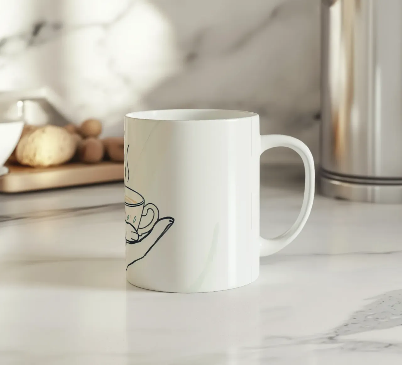 Mano che tiene una tazza di tè fumante su uno sfondo morbido tazza in ceramica da DesignDoodle