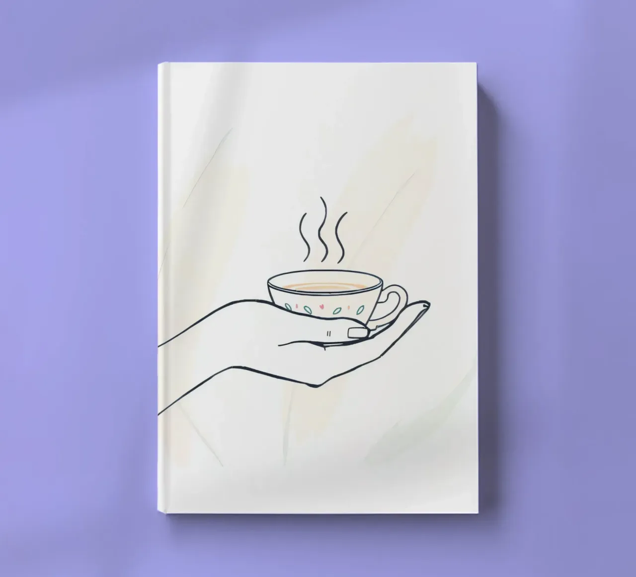 Hand holding a steaming cup of tea against a soft background notebook by DesignDoodle