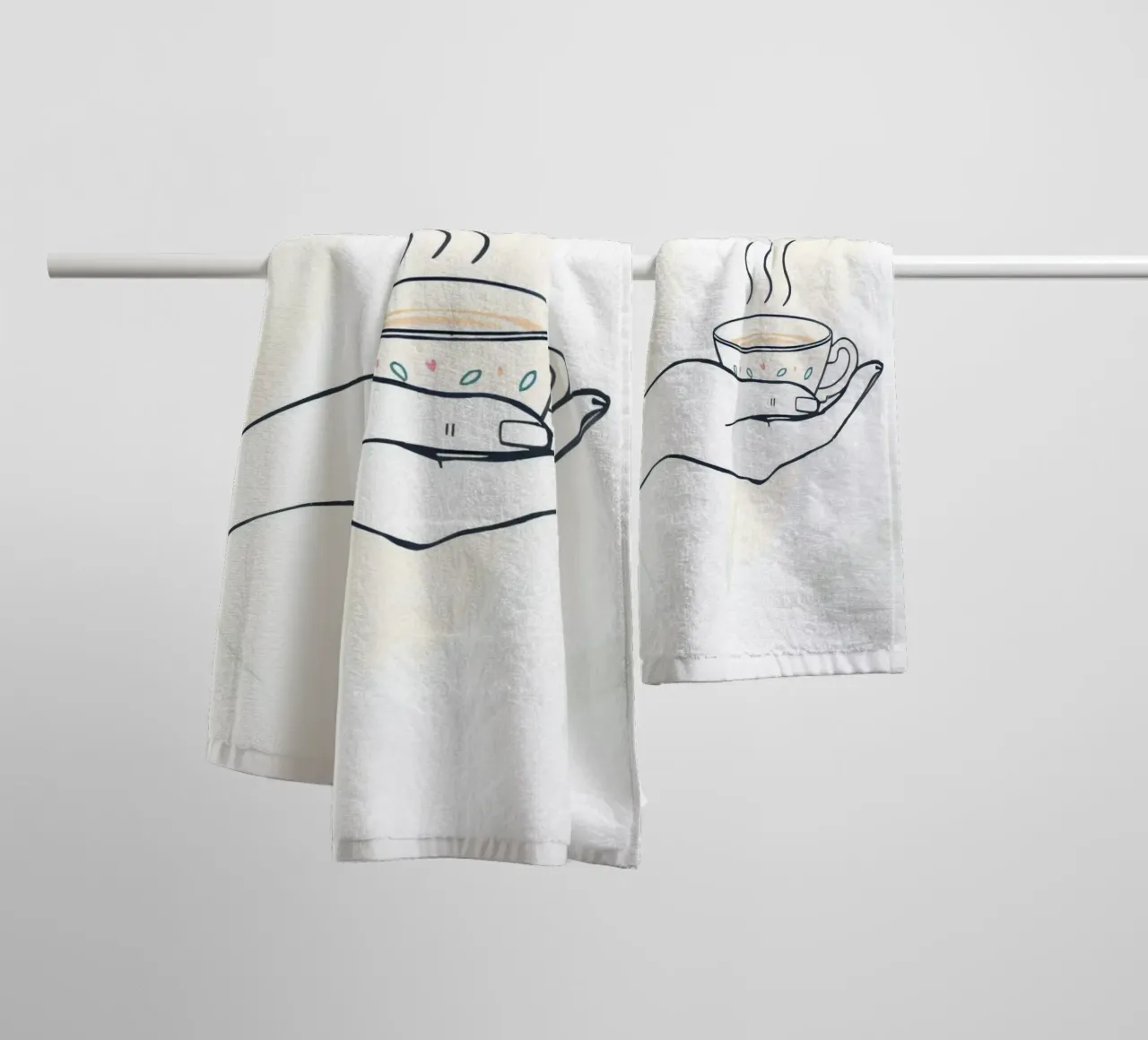 Hand holding a steaming cup of tea against a soft background towel by DesignDoodle