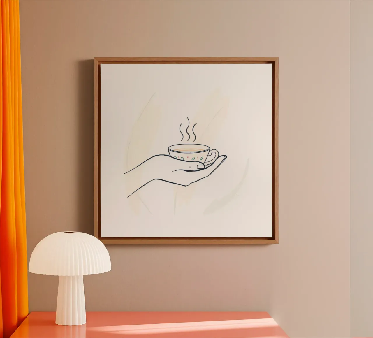 Hand holding a steaming cup of tea against a soft background canvas by DesignDoodle