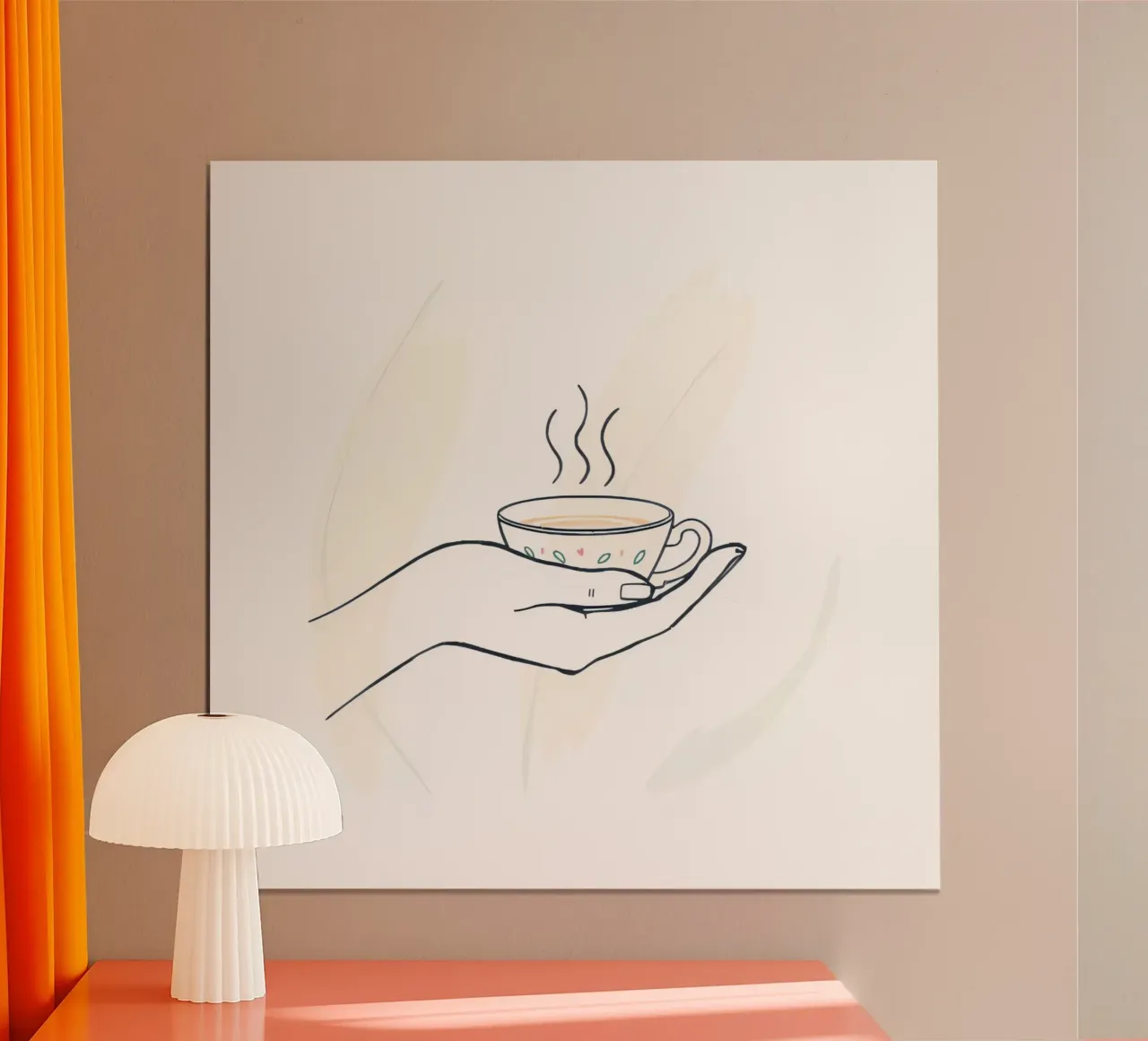 Eine Hand hält eine dampfende Tasse Tee vor einem weichen Hintergrund Hahnemühle von DesignDoodle