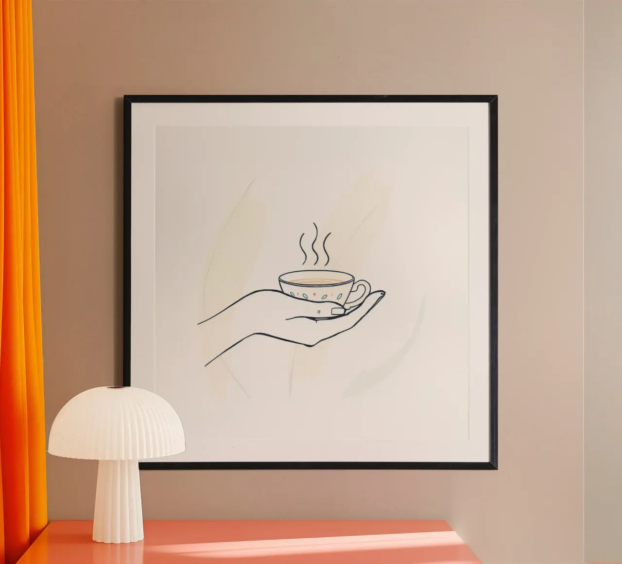 Eine Hand hält eine dampfende Tasse Tee vor einem weichen Hintergrund Hahnemühle von DesignDoodle