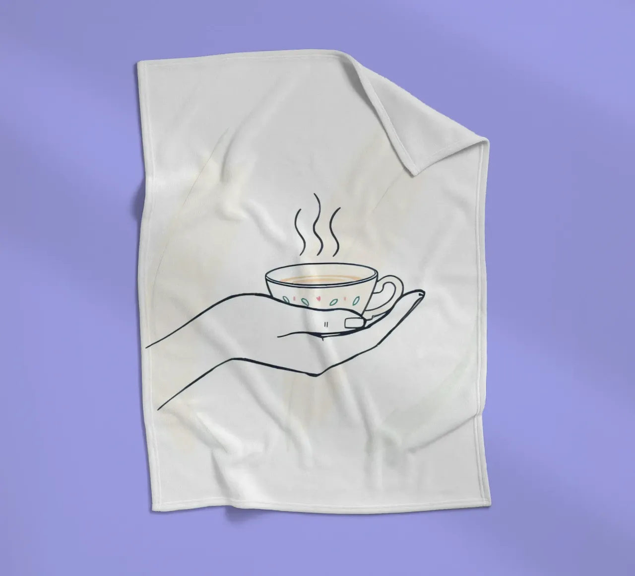 Hand holding a steaming cup of tea against a soft background fleece blanket by DesignDoodle