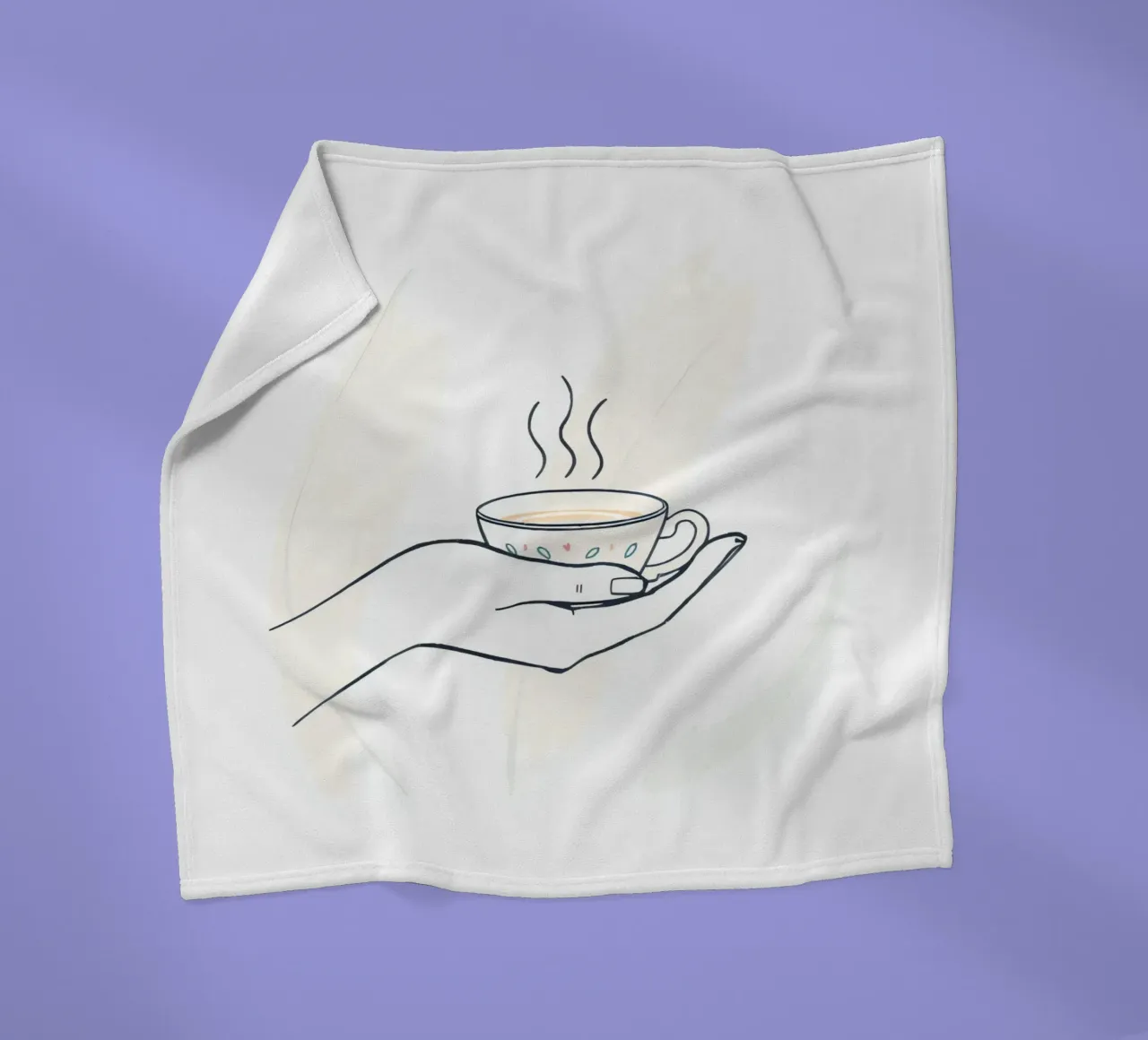 Hand holding a steaming cup of tea against a soft background fleece blanket by DesignDoodle
