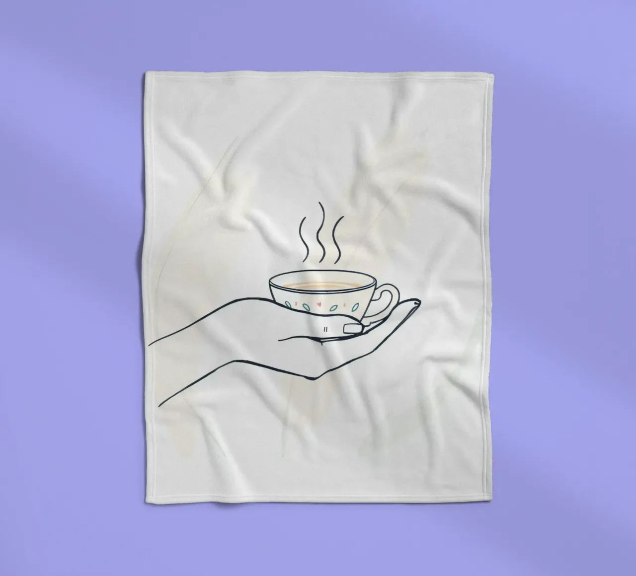 Hand holding a steaming cup of tea against a soft background fleece blanket by DesignDoodle