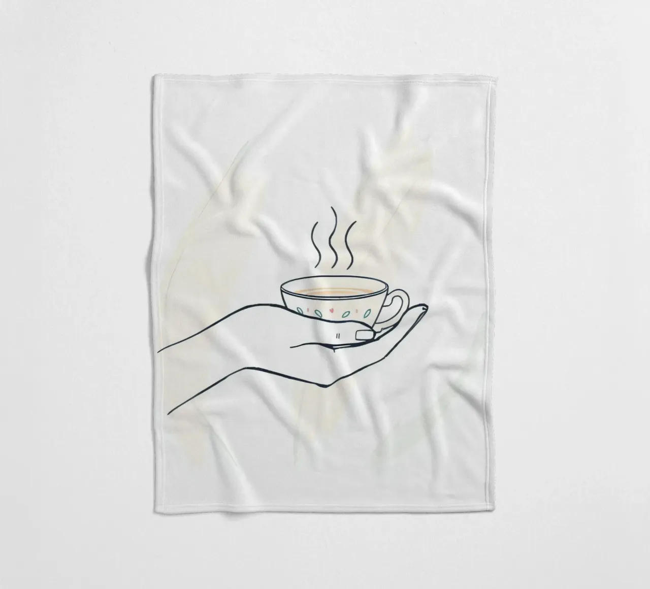 Hand holding a steaming cup of tea against a soft background fleece blanket by DesignDoodle