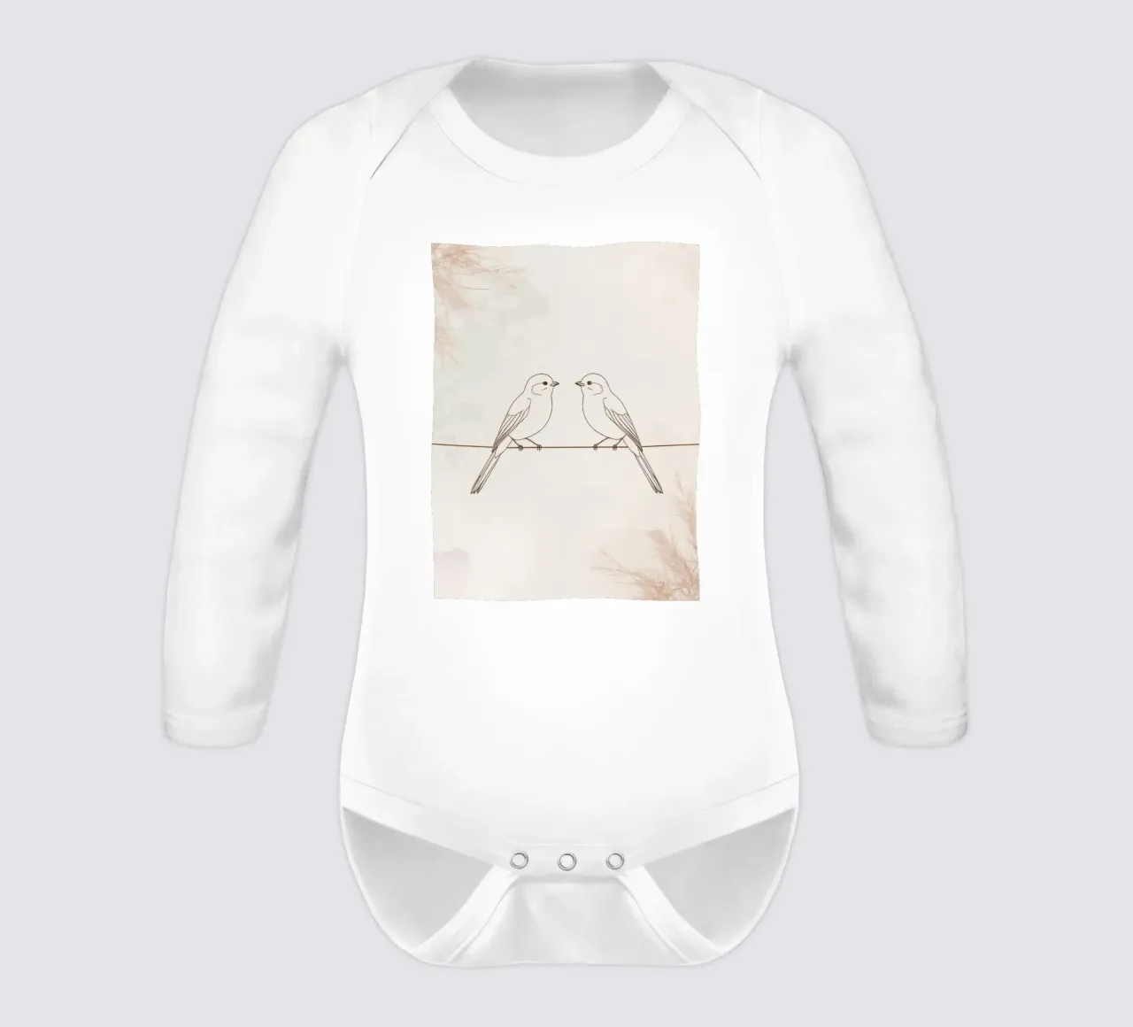 Two small birds perched on a wire against a soft background long-sleeve baby romper by DesignDoodle