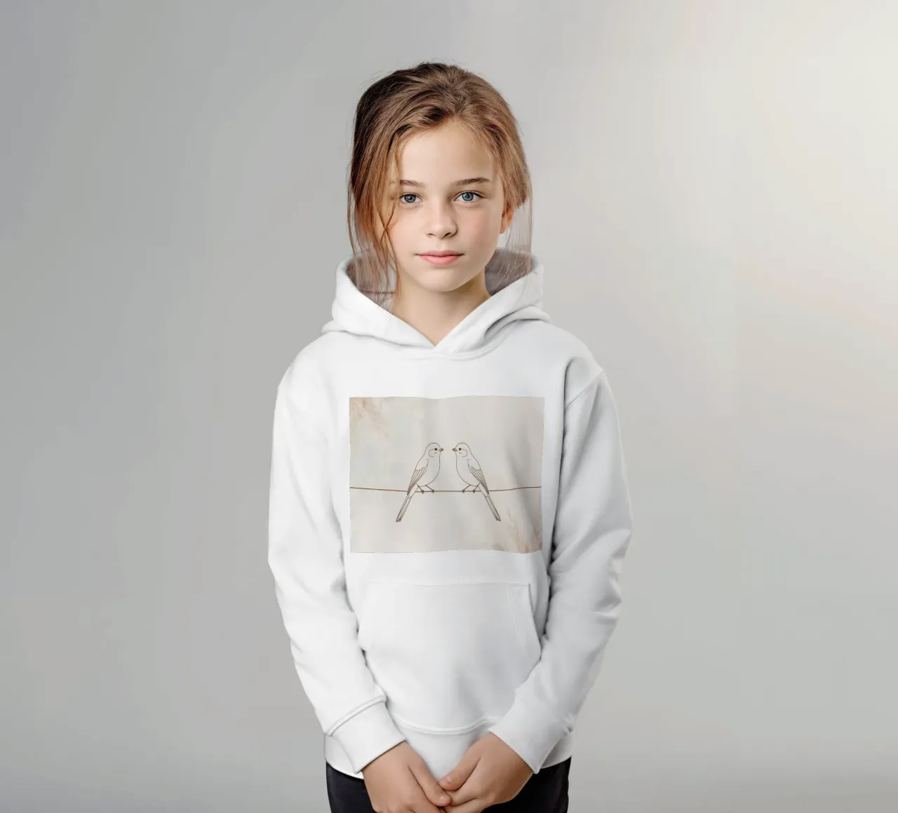 Dos pequeños pájaros posados en un alambre sobre un fondo suave sudadera con capucha para niño de DesignDoodle