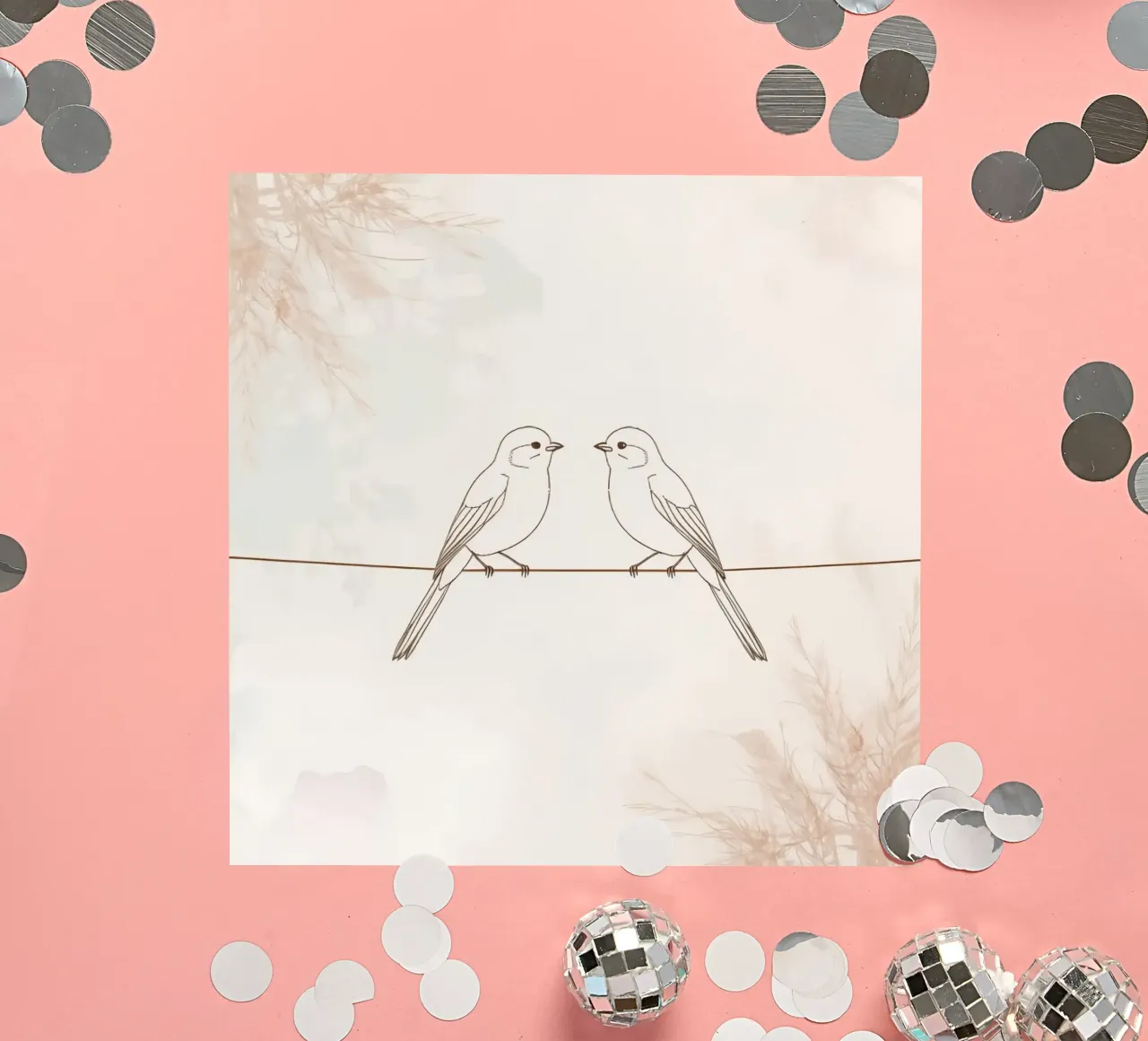 Dos pequeños pájaros posados en un alambre sobre un fondo suave pegatina de DesignDoodle