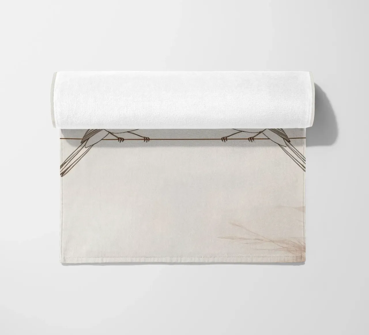 Two small birds perched on a wire against a soft background beach towel by DesignDoodle