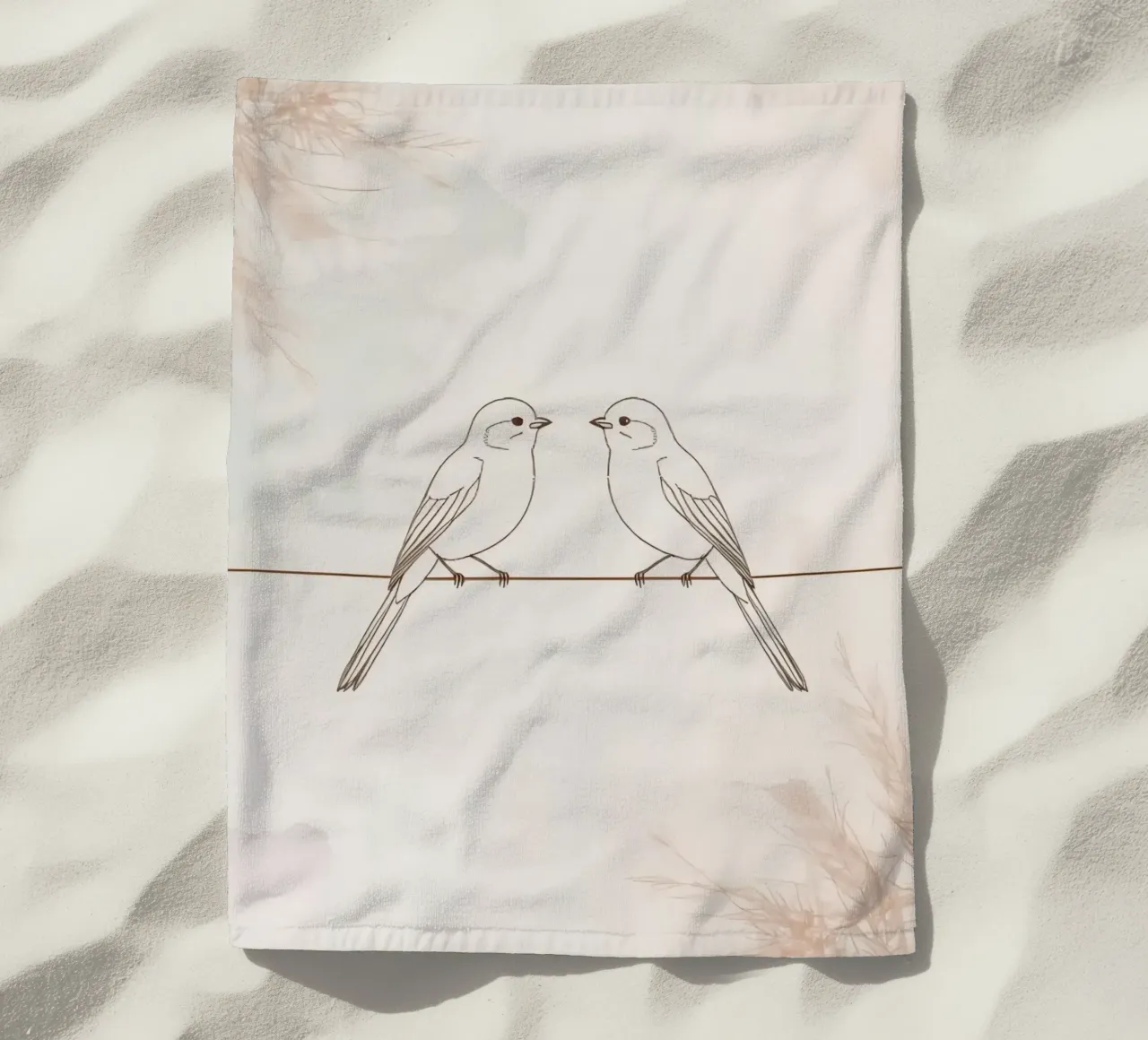 Two small birds perched on a wire against a soft background beach towel by DesignDoodle