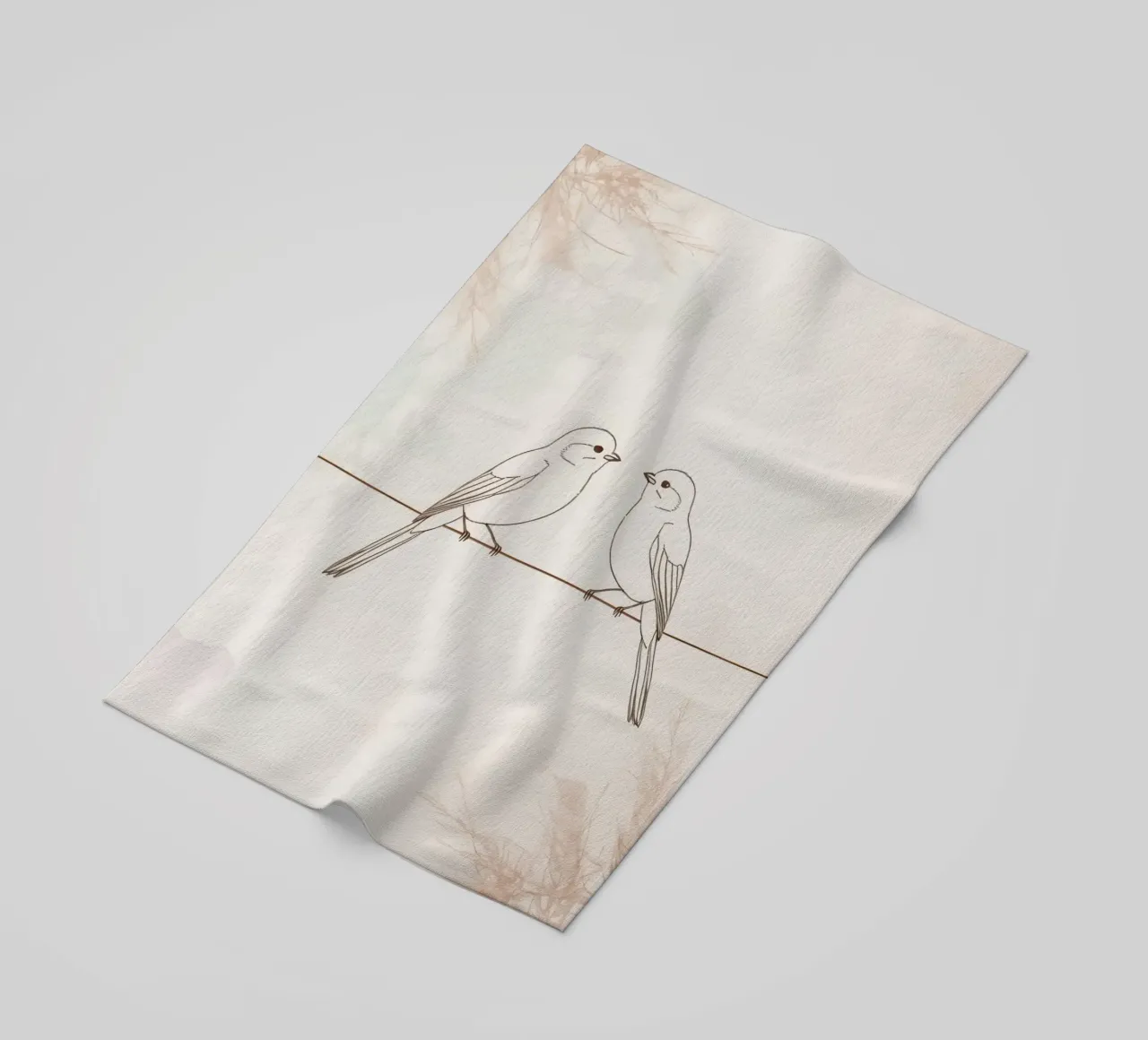 Two small birds perched on a wire against a soft background beach towel by DesignDoodle
