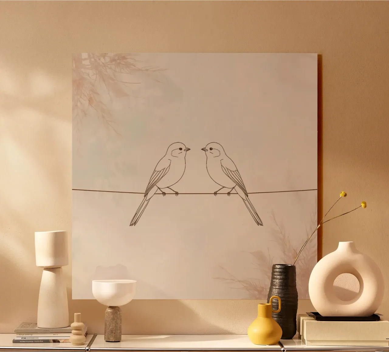 Dos pequeños pájaros posados en un alambre sobre un fondo suave aluminio dibond de DesignDoodle