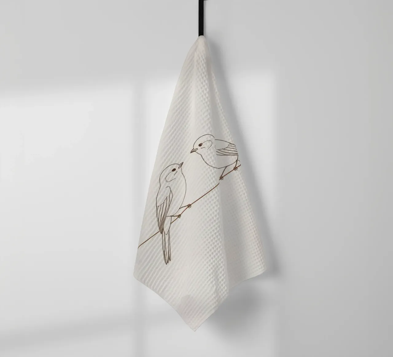 Two small birds perched on a wire against a soft background tea towel by DesignDoodle