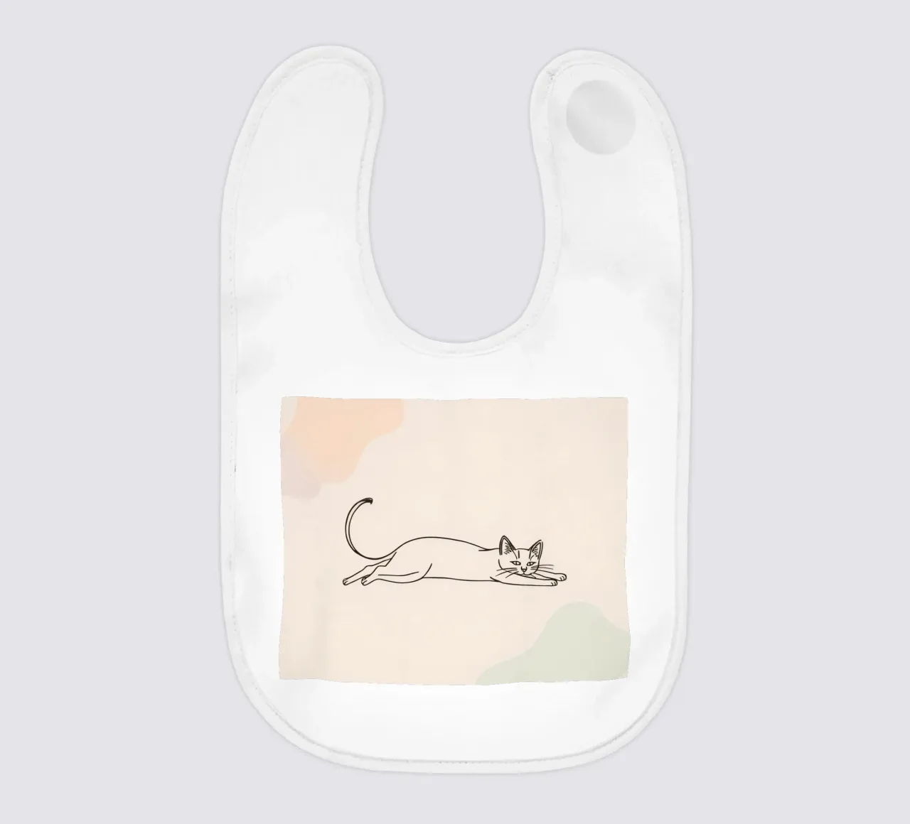 Gatto che si stiracchia in una posa rilassata su uno sfondo chiaro bavaglino da DesignDoodle