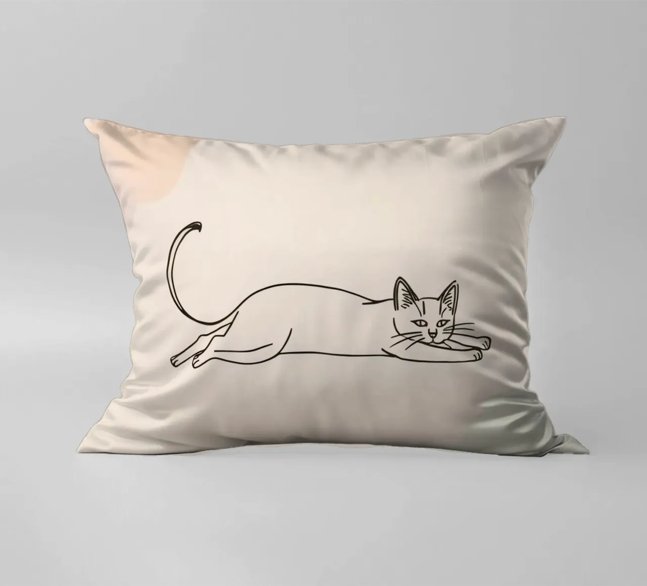 Cat stretching in a relaxed pose on a light background decorative cushion by DesignDoodle