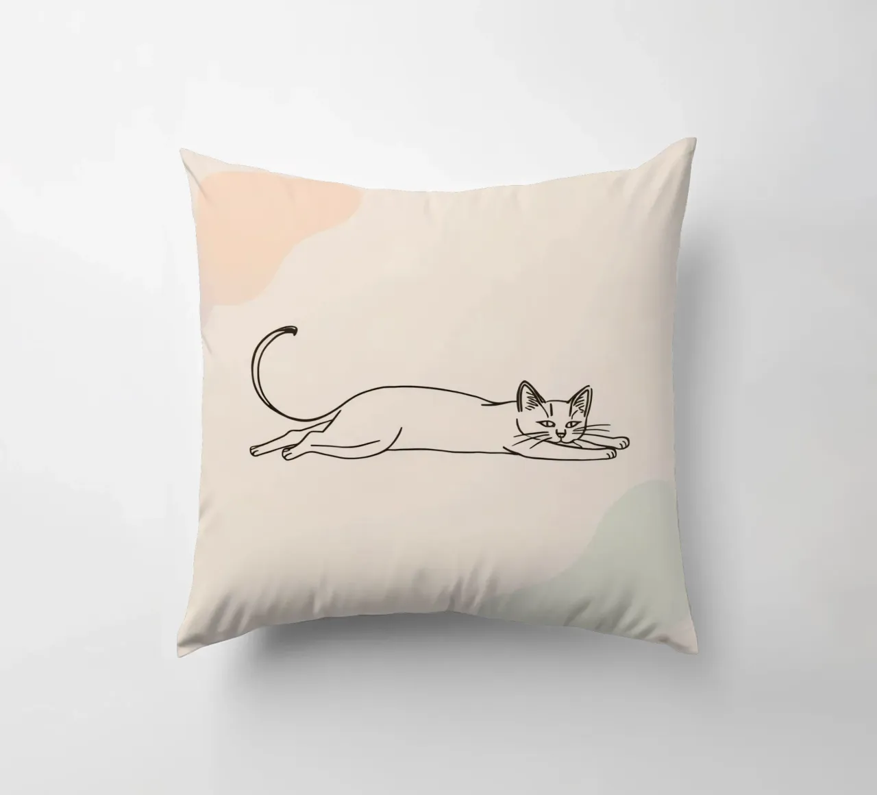 Cat stretching in a relaxed pose on a light background decorative cushion by DesignDoodle