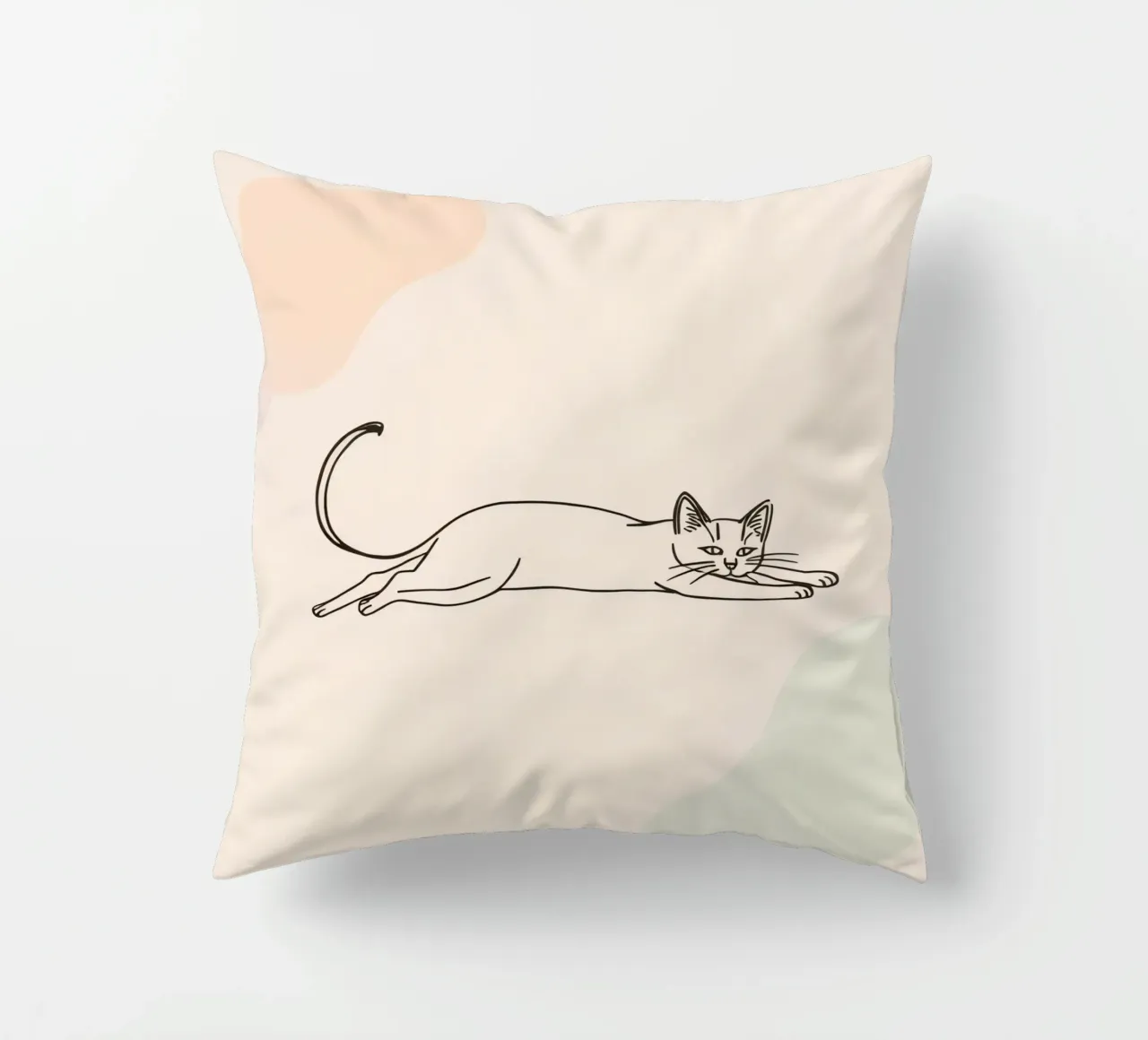 Cat stretching in a relaxed pose on a light background decorative cushion by DesignDoodle