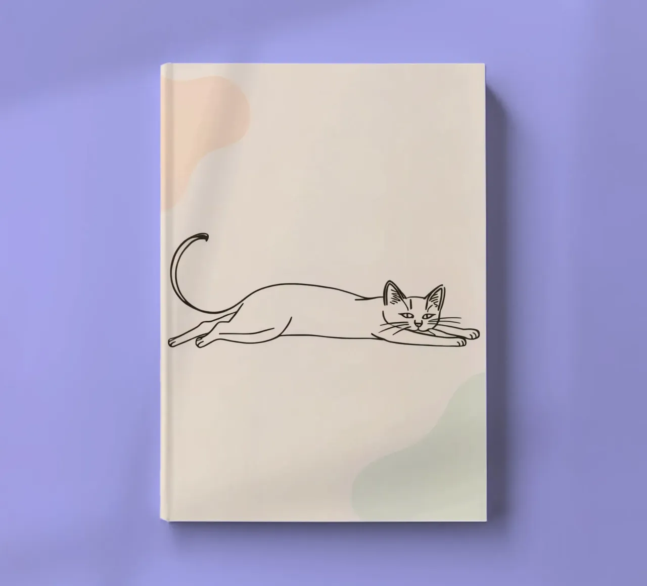 Cat stretching in a relaxed pose on a light background notebook by DesignDoodle