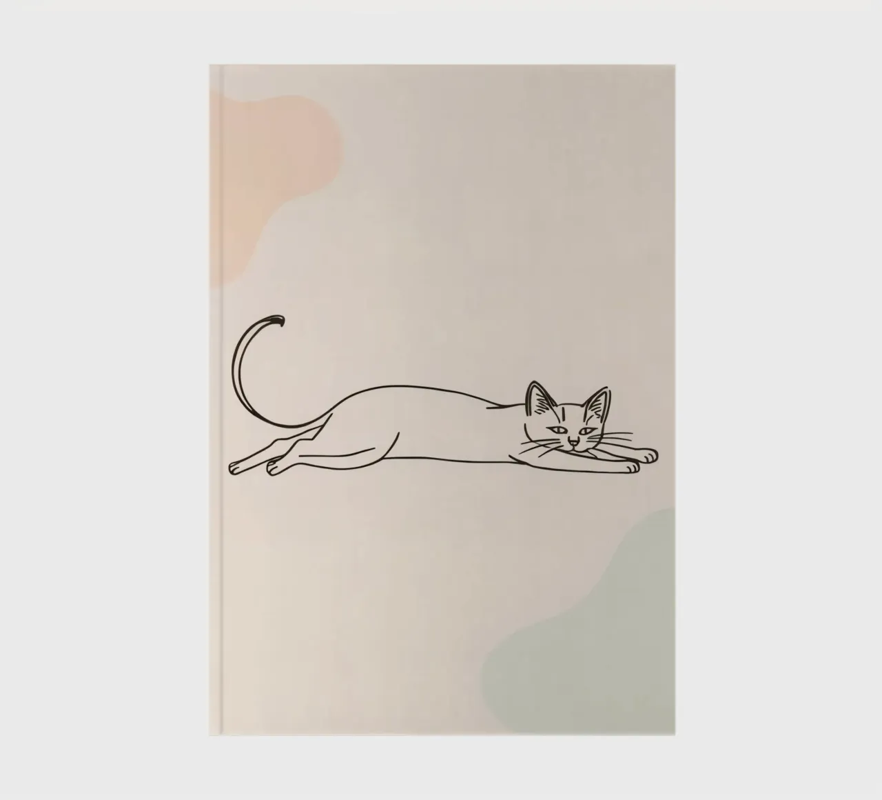 Cat stretching in a relaxed pose on a light background notebook by DesignDoodle