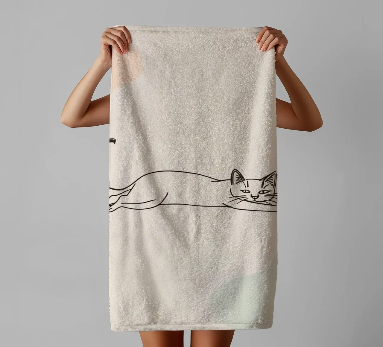 Cat stretching in a relaxed pose on a light background towel by DesignDoodle