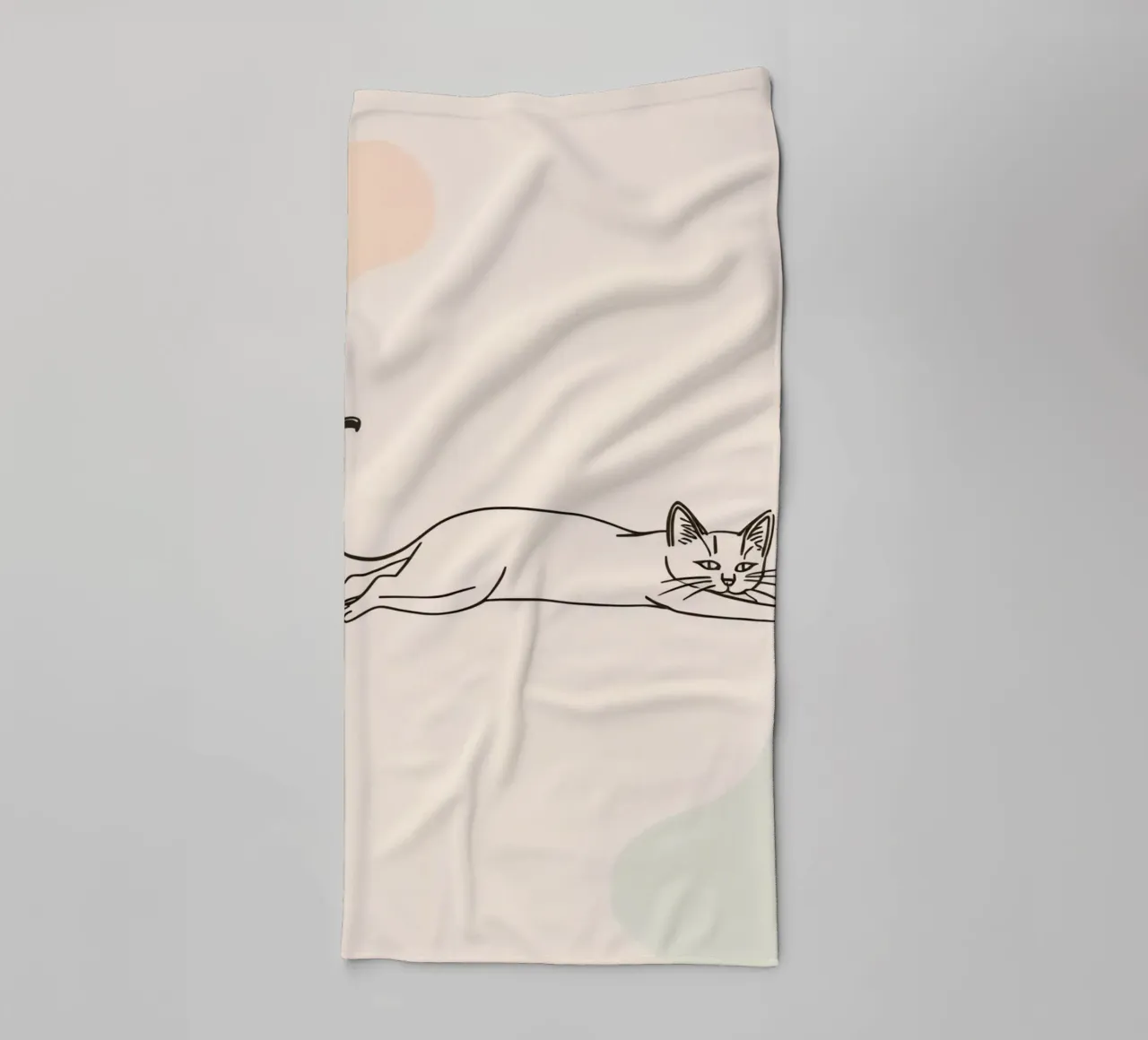Cat stretching in a relaxed pose on a light background towel by DesignDoodle