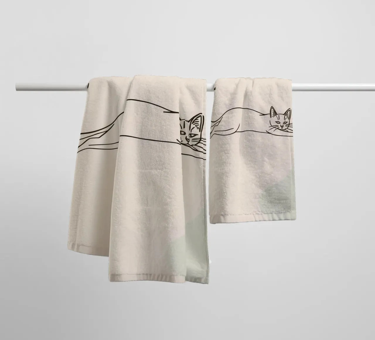 Cat stretching in a relaxed pose on a light background towel by DesignDoodle