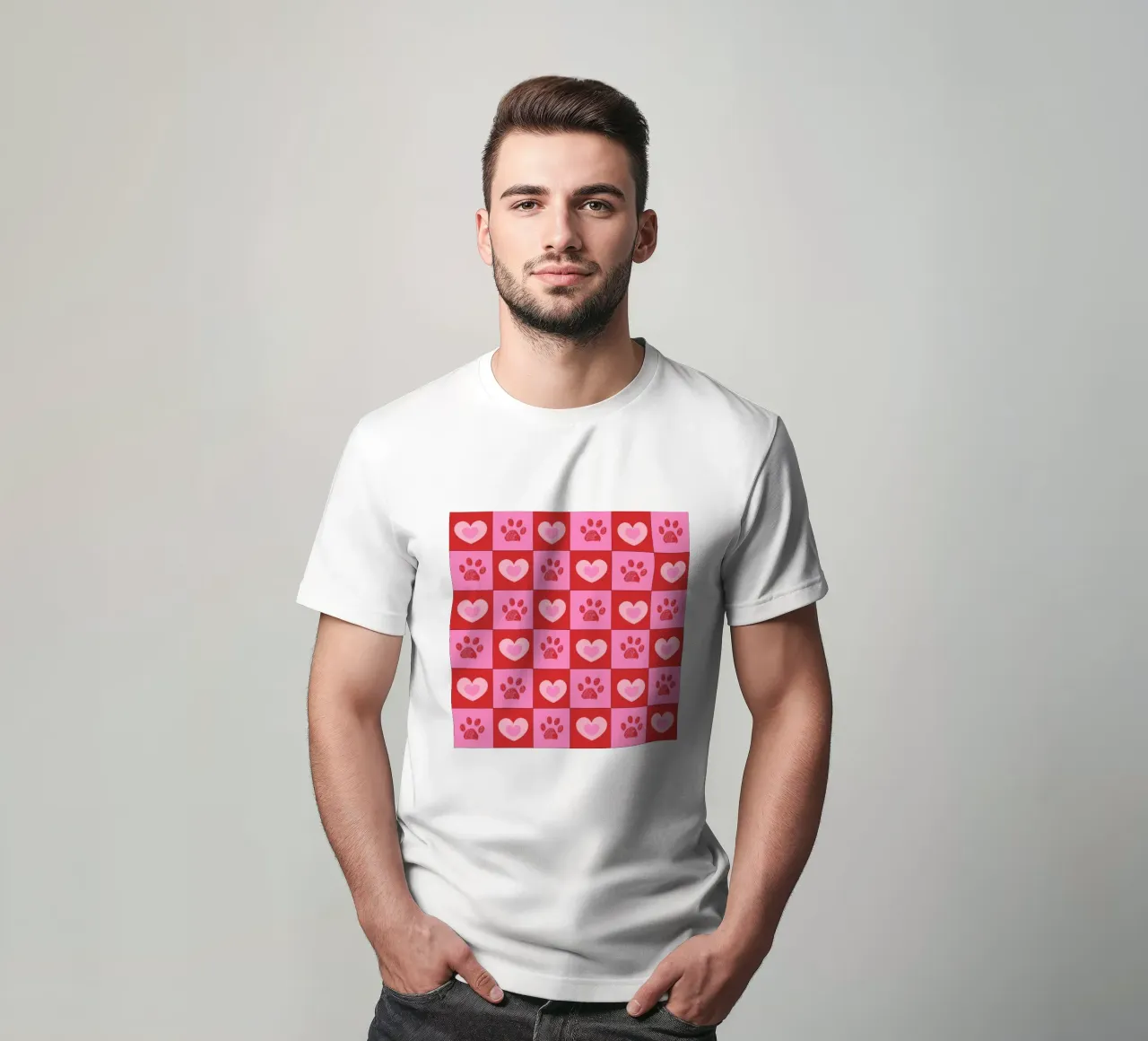 Plaid pink and red hearts pattern with paw prints II t-shirt by gulsengunel