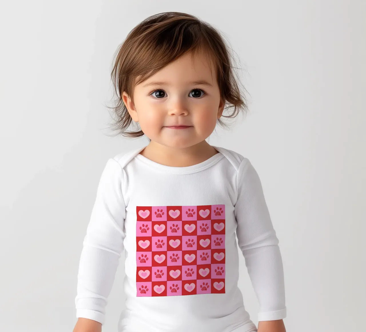 Plaid pink and red hearts pattern with paw prints II long-sleeve baby romper by gulsengunel