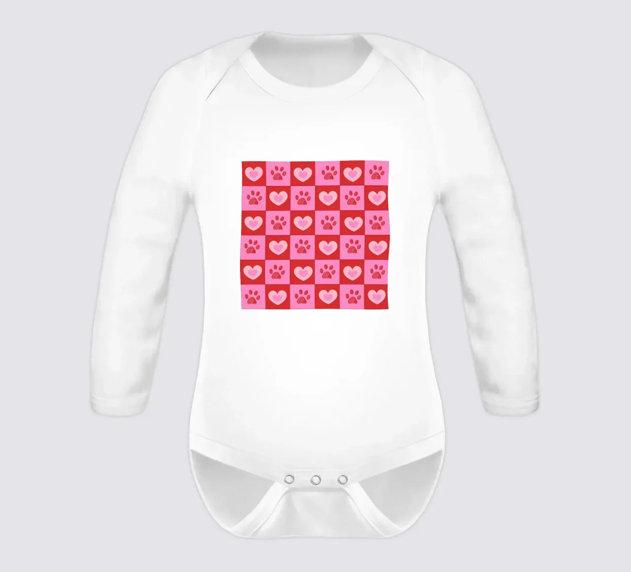 Plaid pink and red hearts pattern with paw prints II long-sleeve baby romper by gulsengunel
