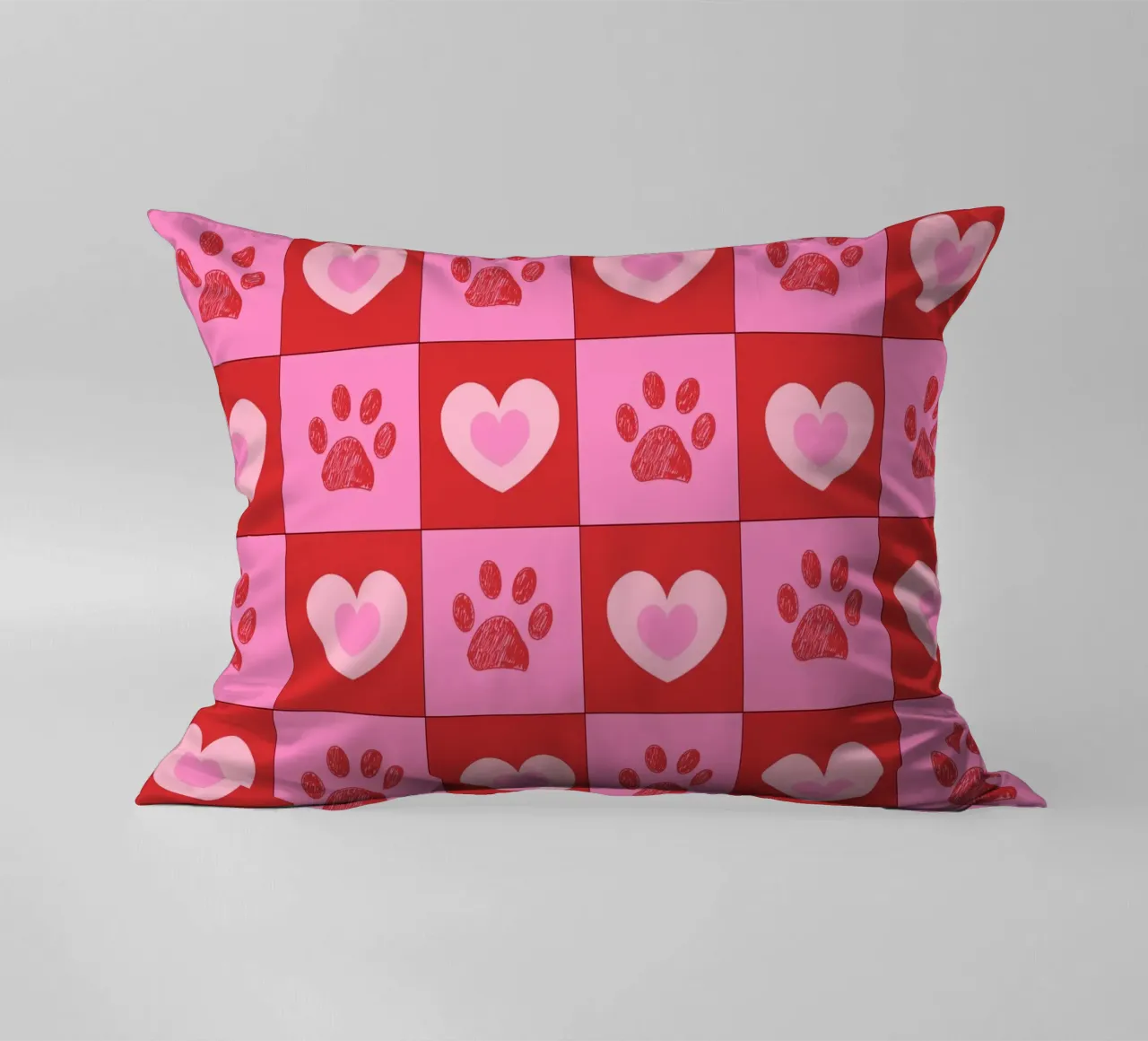 Plaid pink and red hearts pattern with paw prints II decorative cushion by gulsengunel