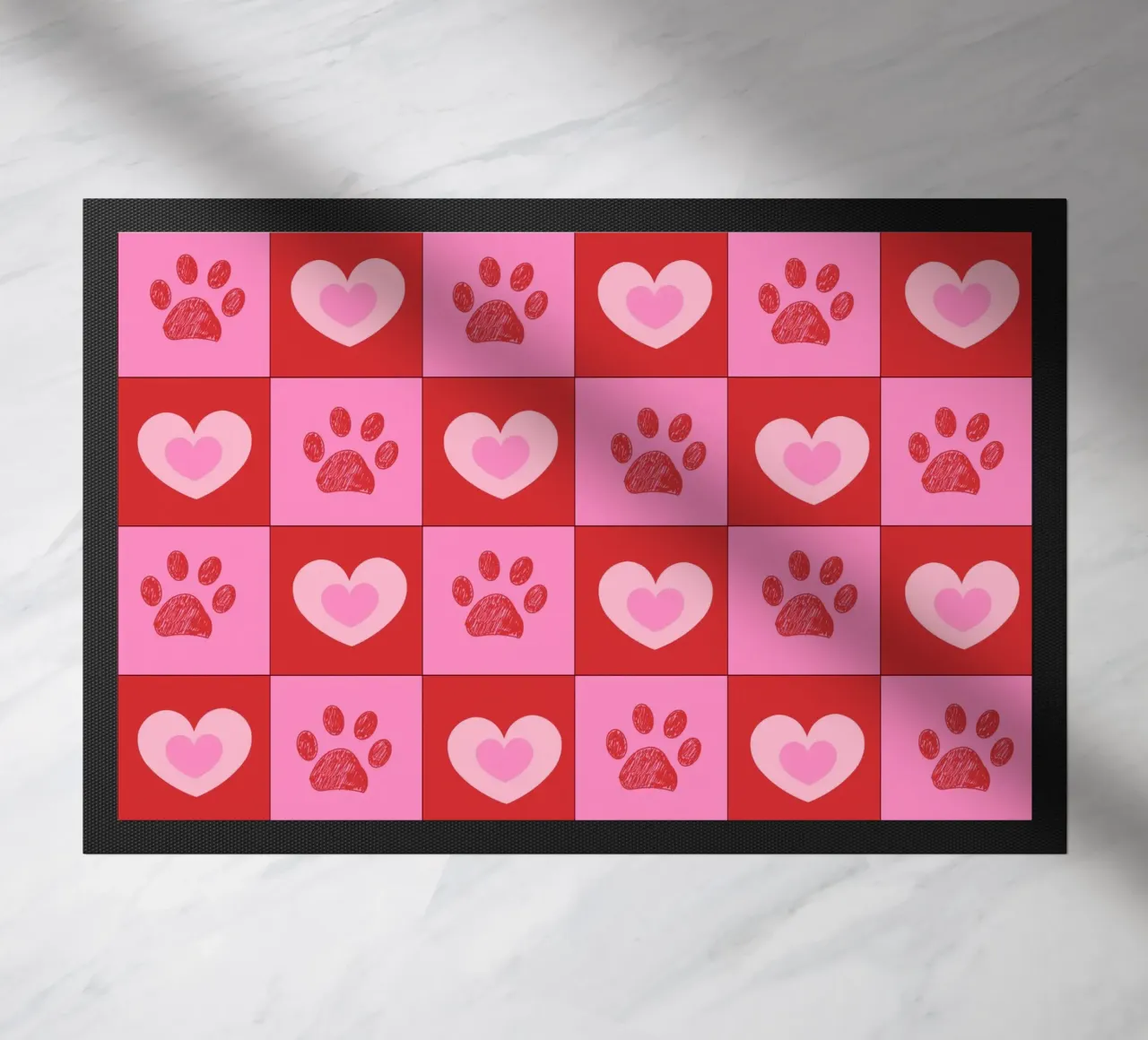Plaid pink and red hearts pattern with paw prints II doormat by gulsengunel