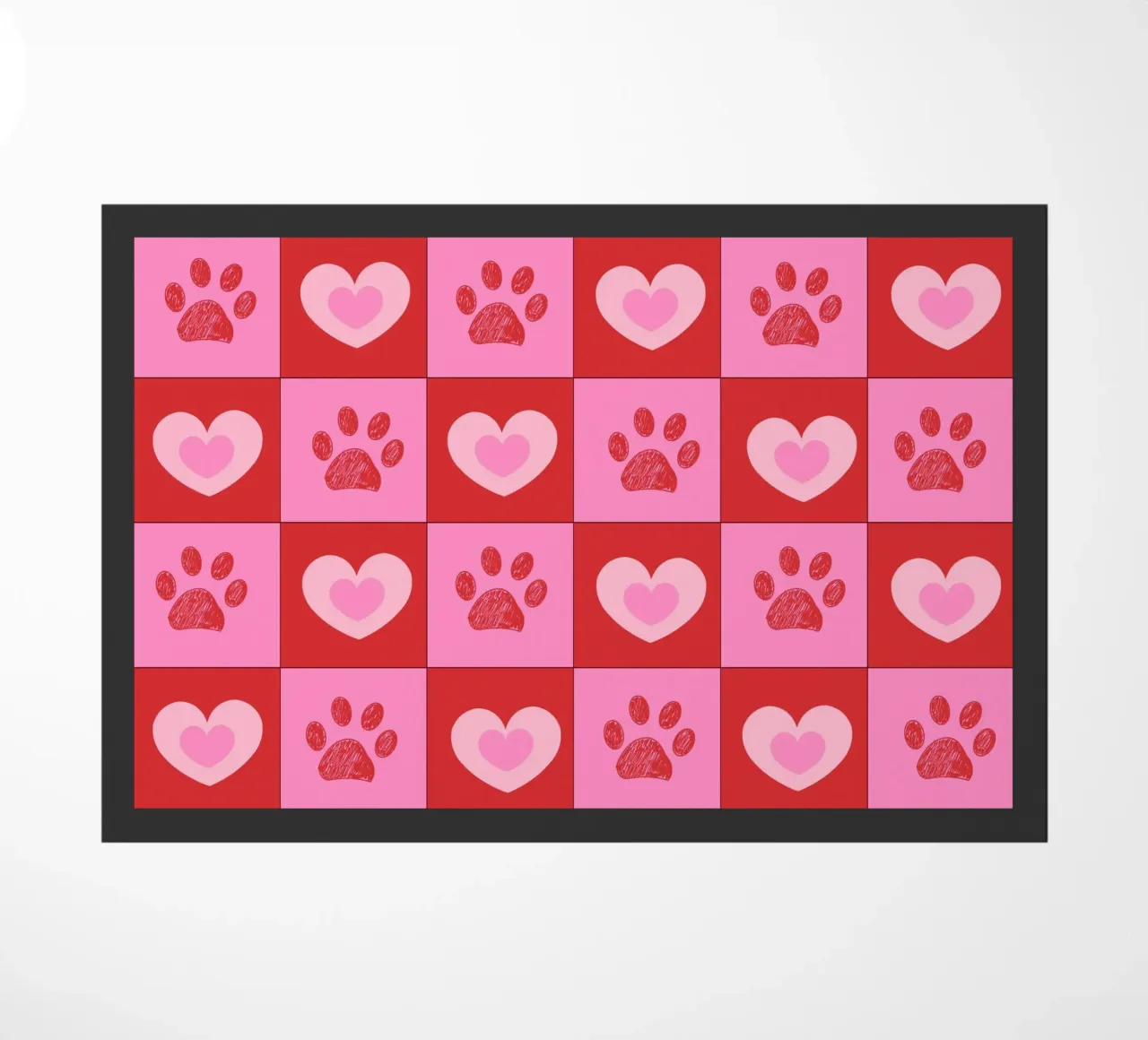 Plaid pink and red hearts pattern with paw prints II doormat by gulsengunel