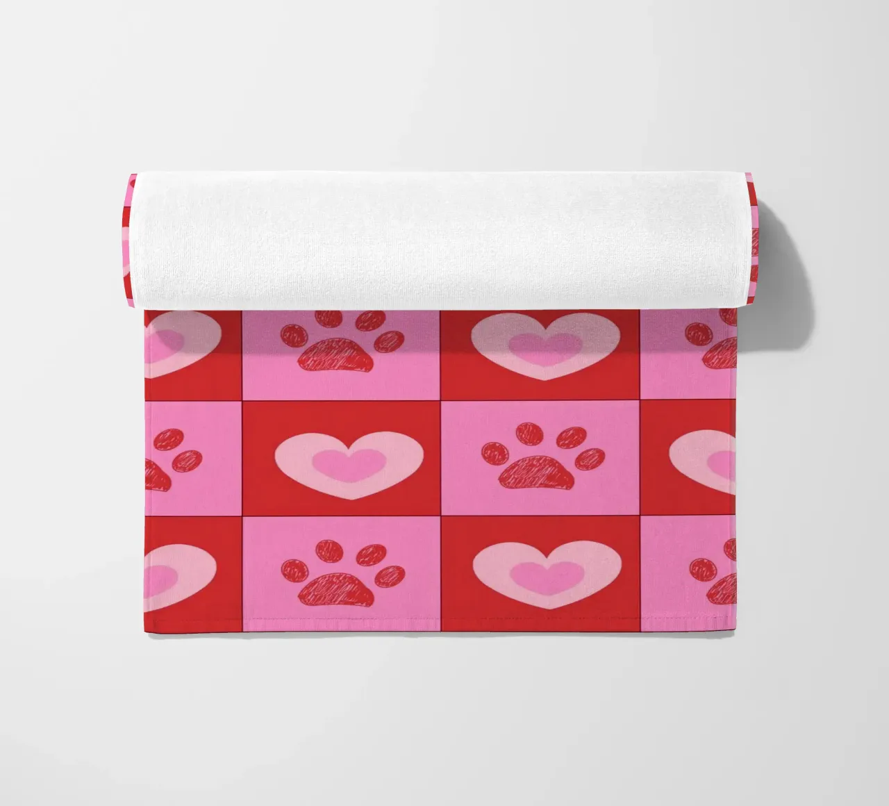 Plaid pink and red hearts pattern with paw prints II beach towel by gulsengunel