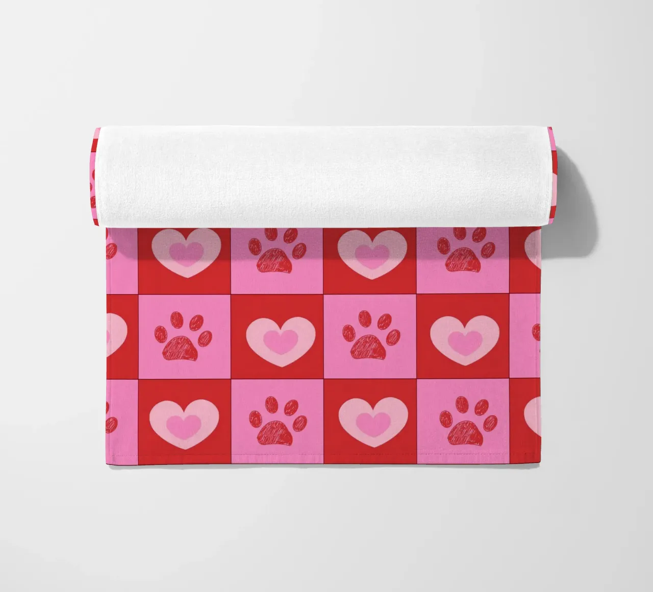 Plaid pink and red hearts pattern with paw prints II beach towel by gulsengunel