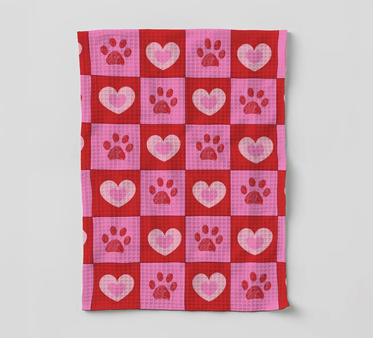 Plaid pink and red hearts pattern with paw prints II tea towel by gulsengunel