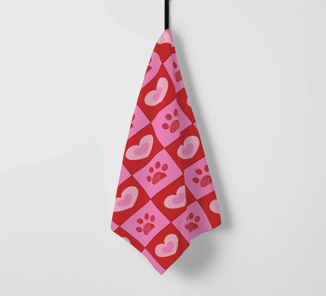 Plaid pink and red hearts pattern with paw prints II tea towel by gulsengunel