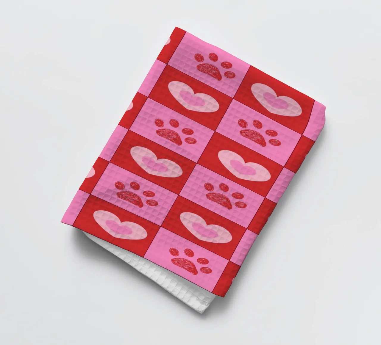 Plaid pink and red hearts pattern with paw prints II tea towel by gulsengunel