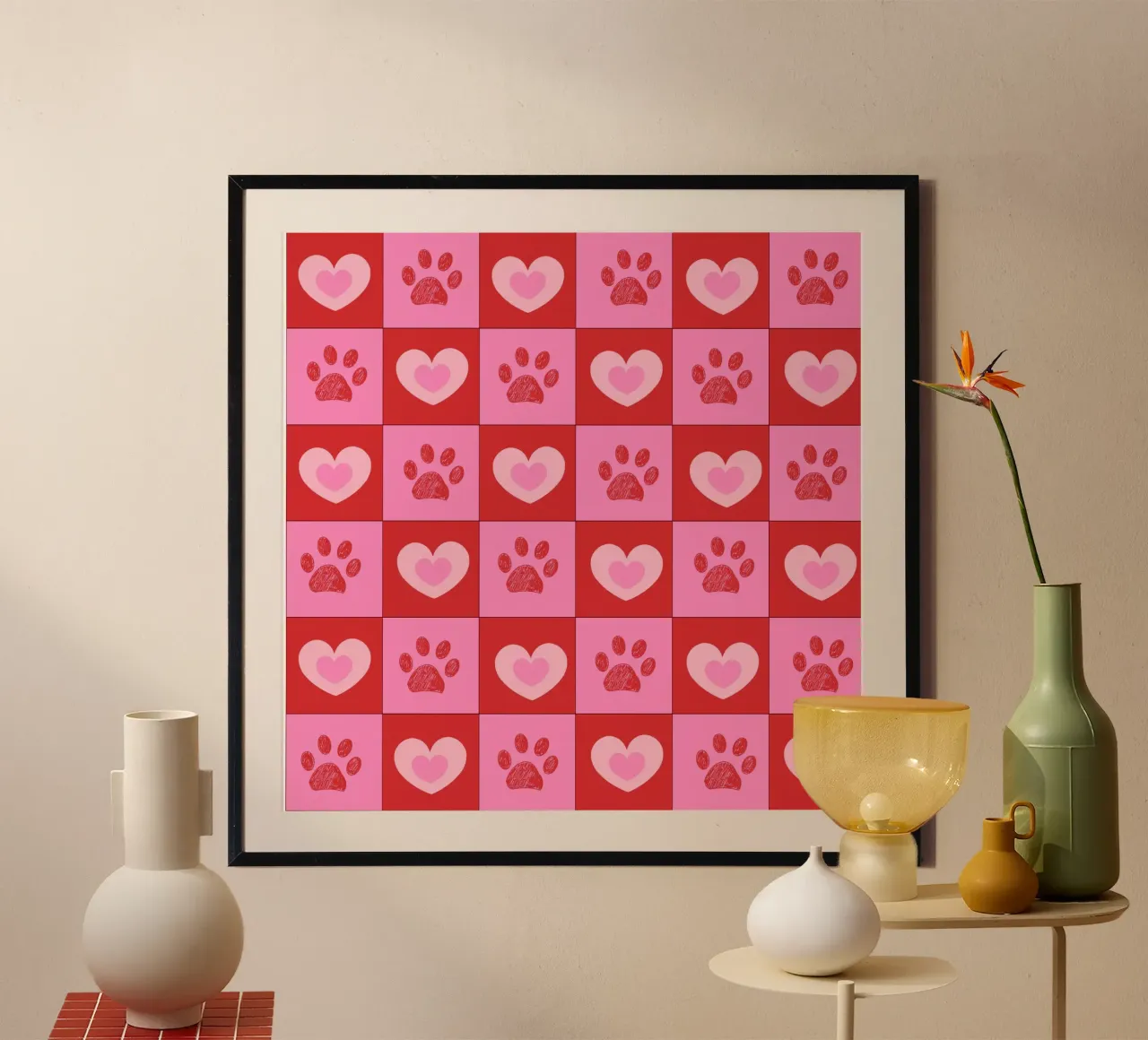 Plaid pink and red hearts pattern with paw prints II hahnemühle by gulsengunel