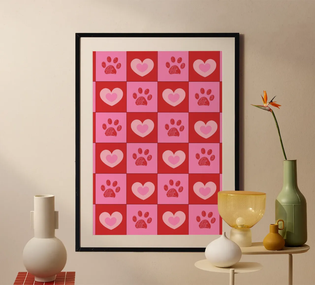 Geruit roze en rood hartjespatroon met pootafdrukken II hahnemühle van gulsengunel
