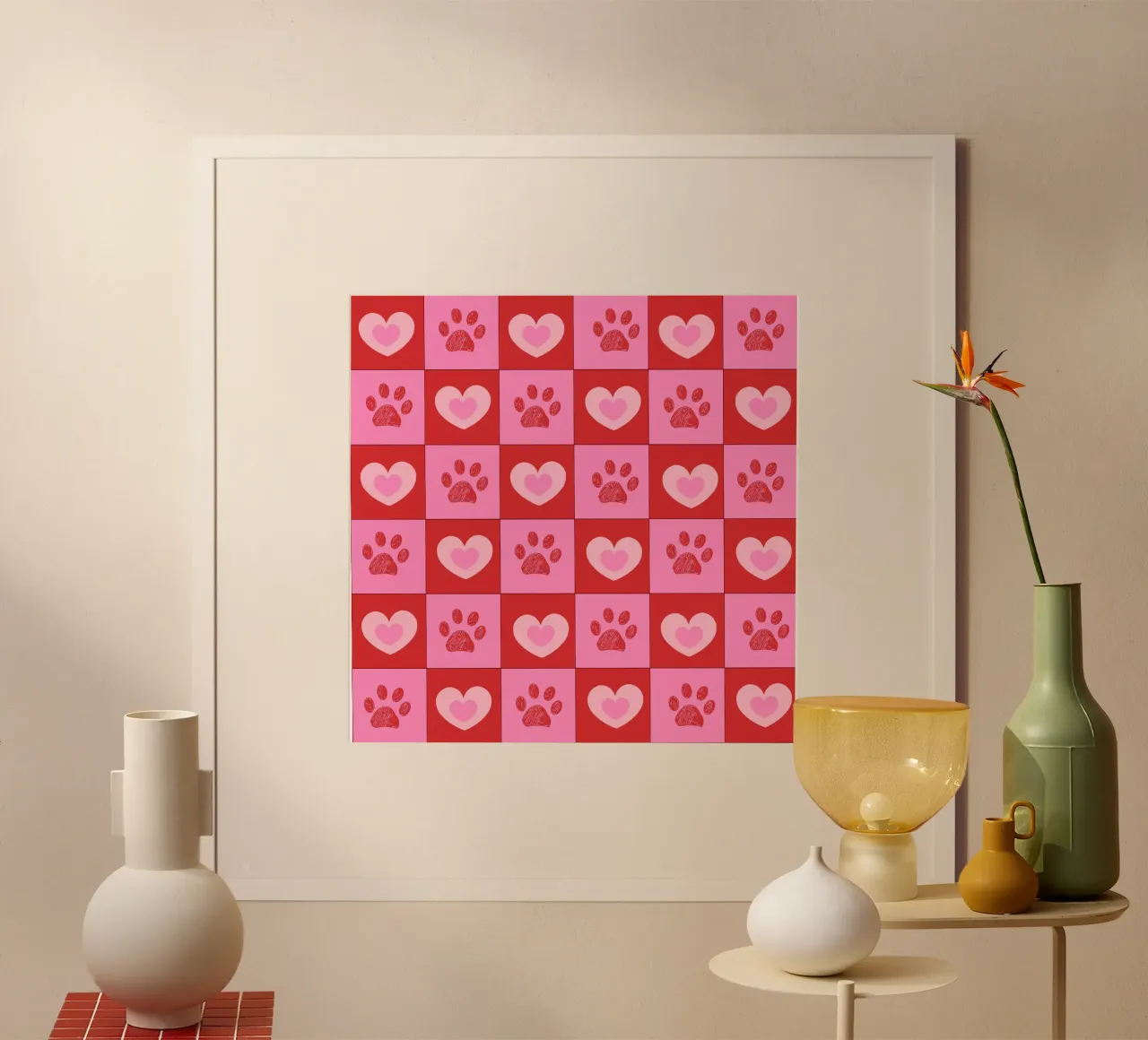Plaid pink and red hearts pattern with paw prints II hahnemühle by gulsengunel