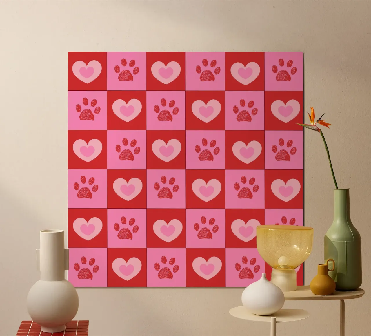Plaid pink and red hearts pattern with paw prints II hahnemühle by gulsengunel
