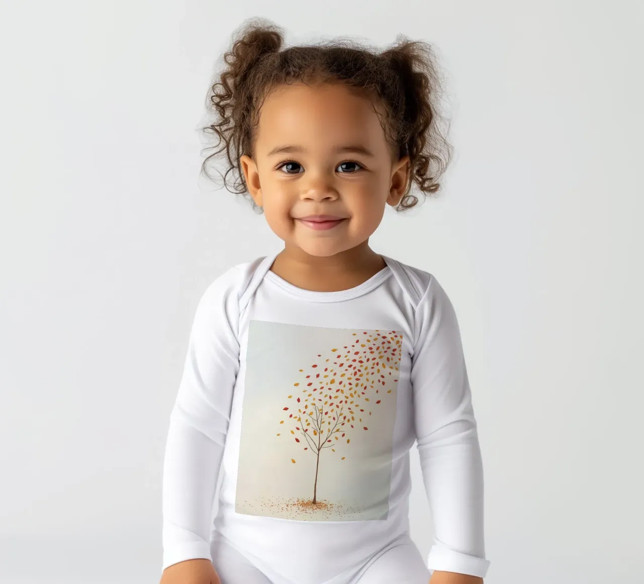 Tree shedding leaves in autumn depicting the seasonal change long-sleeve baby romper by DesignDoodle