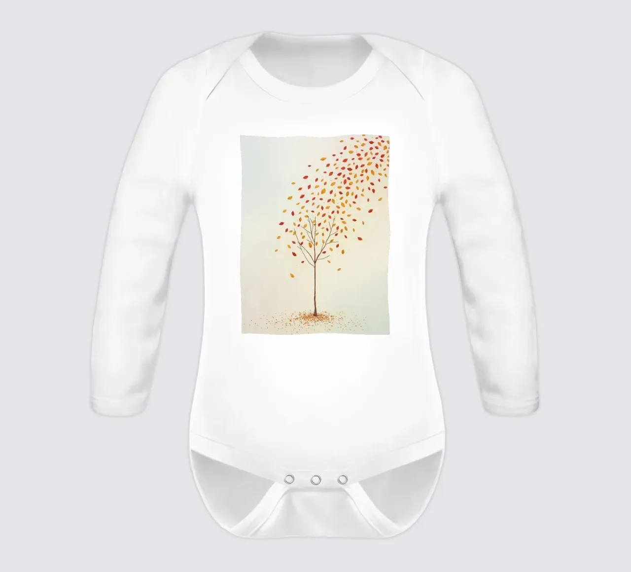 Tree shedding leaves in autumn depicting the seasonal change long-sleeve baby romper by DesignDoodle