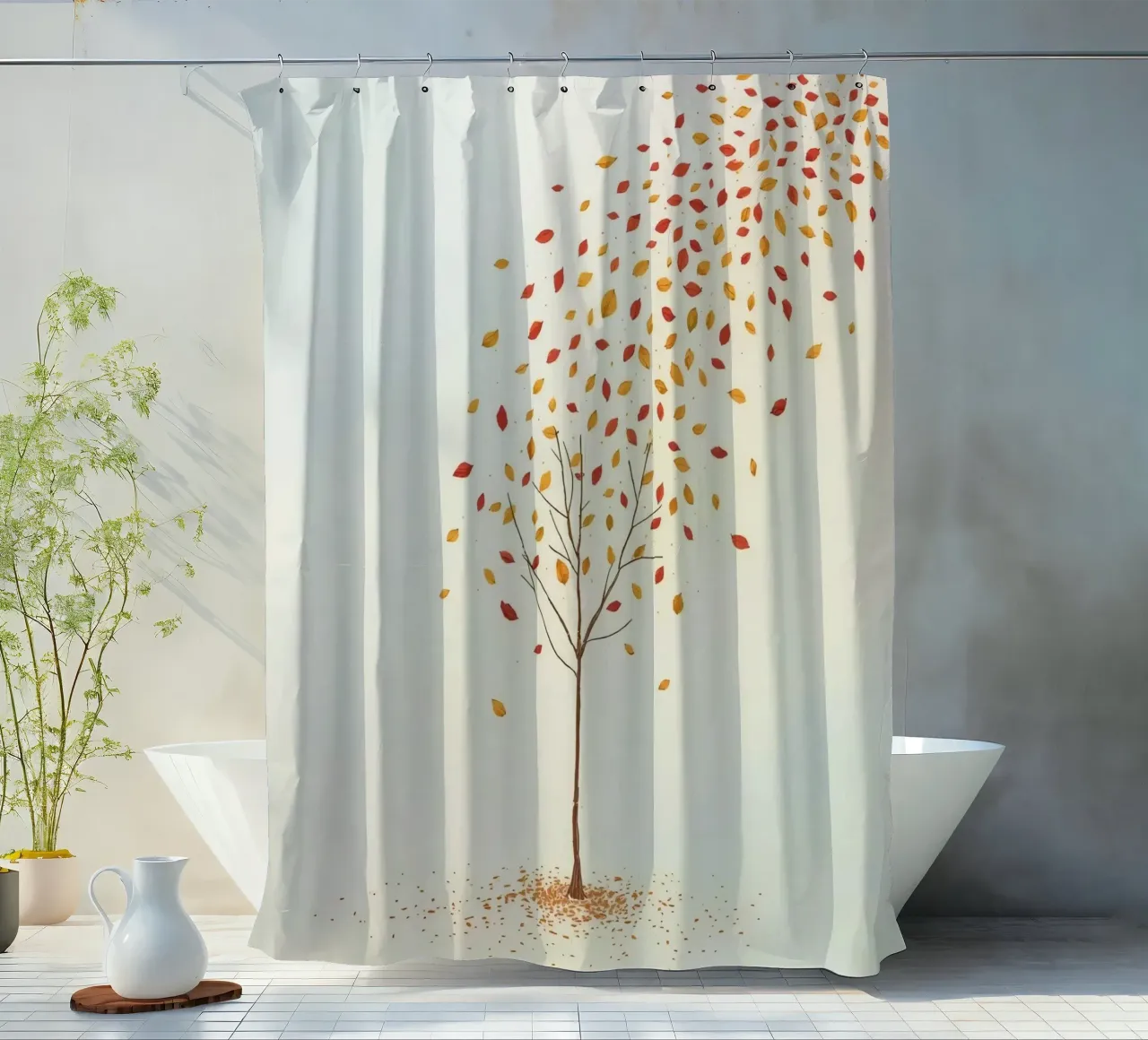 Tree shedding leaves in autumn depicting the seasonal change shower curtain by DesignDoodle