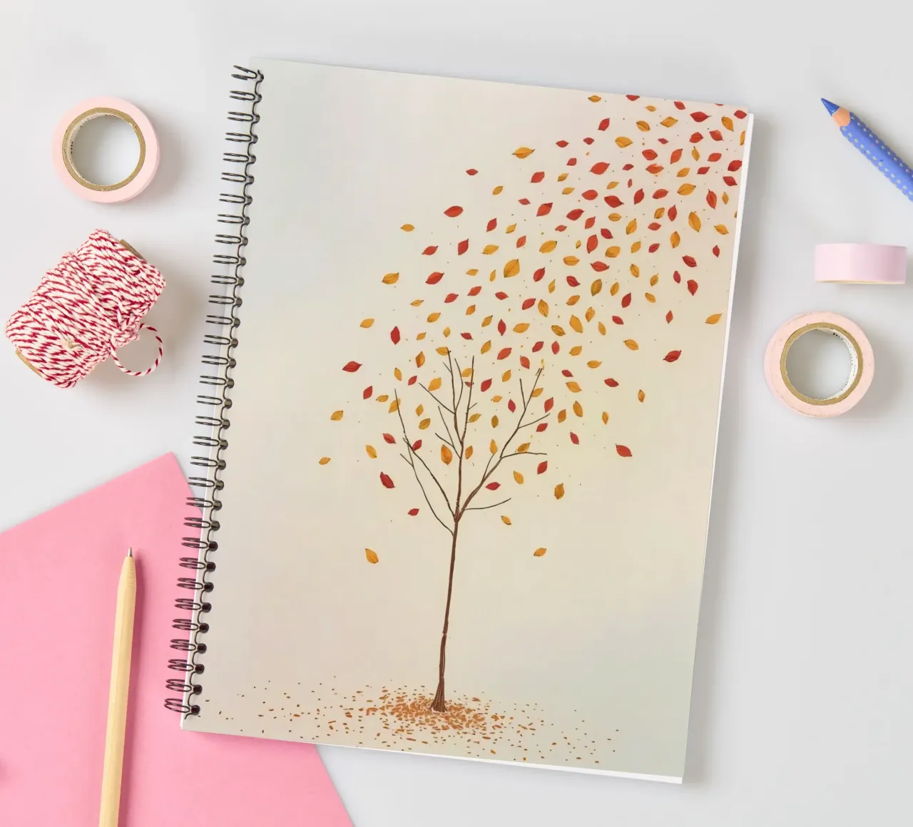 Tree shedding leaves in autumn depicting the seasonal change spiral notebook by DesignDoodle