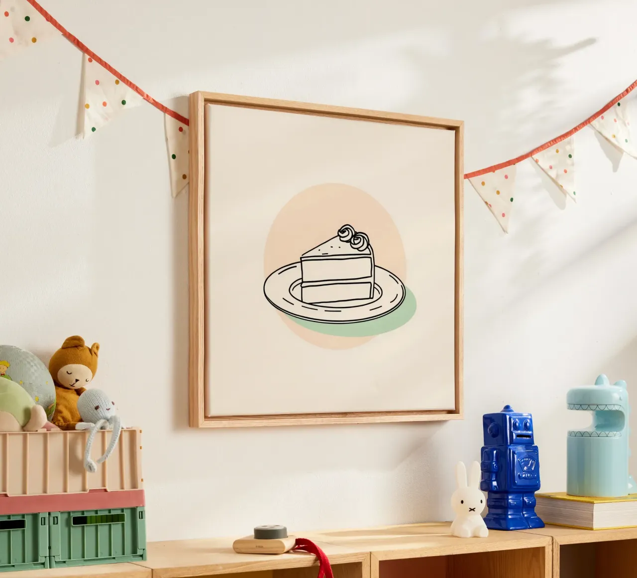 Delicious slice of cake on a plate with decorative cream canvas by DesignDoodle