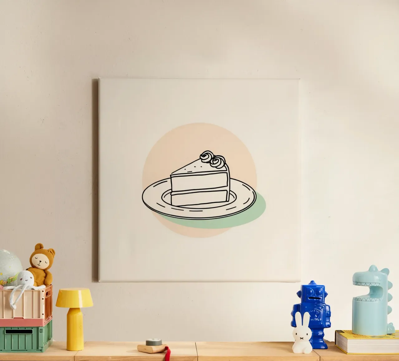 Delicious slice of cake on a plate with decorative cream canvas by DesignDoodle